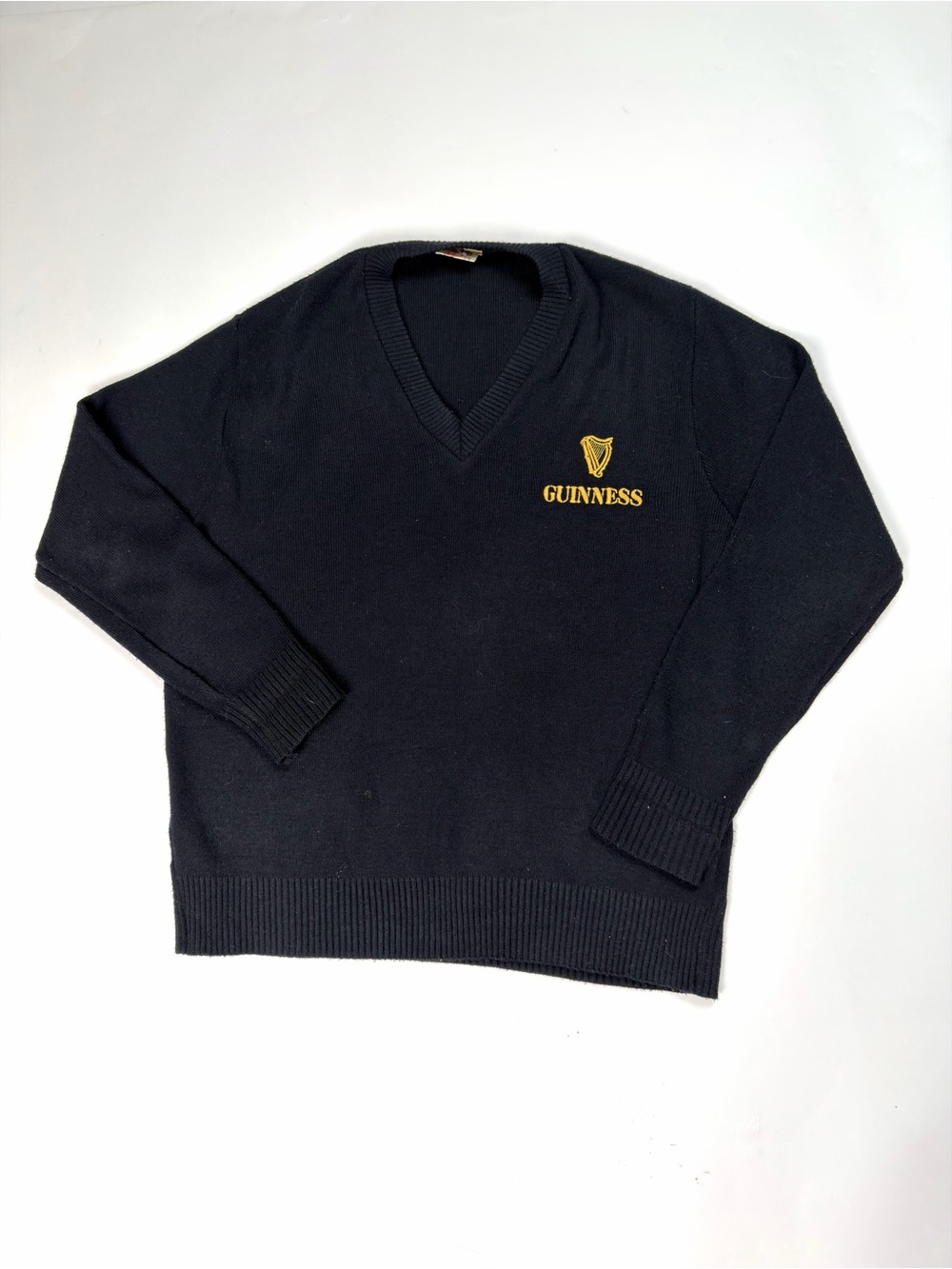 Foxhunter Vintage 80s Black Yellow Guinness V-neck Heritage Sweater Acrylic M